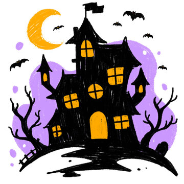 Spooky hand drawn haunted house illustration with crooked architecture, dark windows, bats, and a glowing moon. Created in a whimsical Halloween doodle style with intentionally rough brush texture for