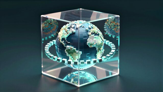 Pixelated Earth globe encased in transparent cube with glowing ring.