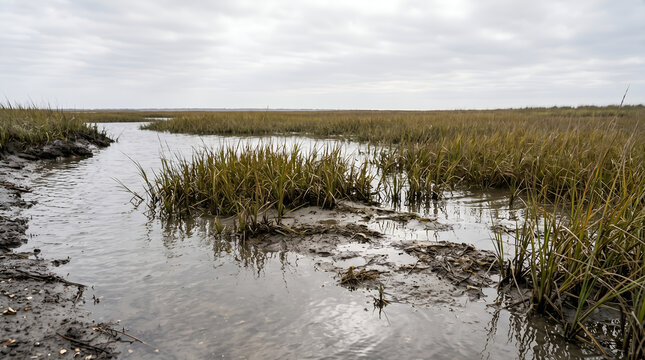 Realistic coastal marsh flooding with shallow tidal water and wetland vegetation, useful for climate adaptation reports, environmental campaigns, coastal planning and conservation presentations.