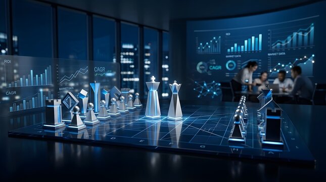 Modern office chess pieces on digital strategy board with analytics