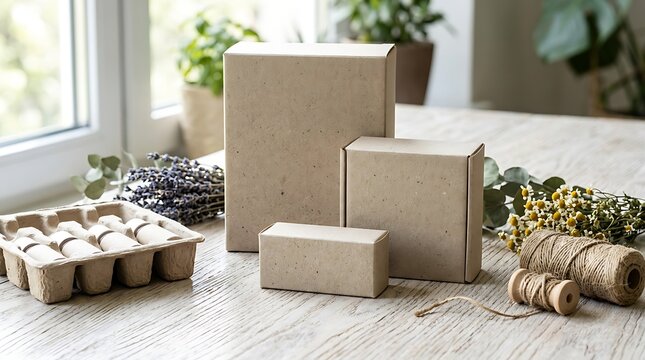 Three blank cardboard boxes with cosmetic packaging materials on a wooden table with three empty brown