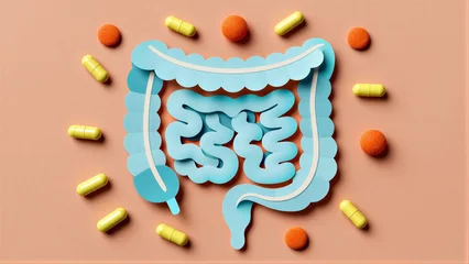Blue paper-cut intestine surrounded by yellow pills and orange spheres on peach background. © joeycheung