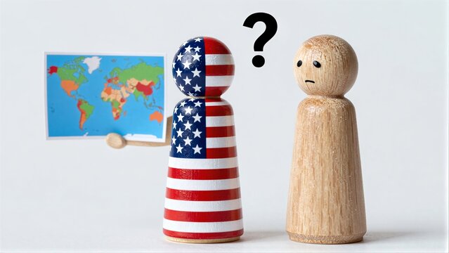 American figure puzzled next to plain one, world map in background.