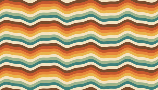 Seamless groovy 70s wavy stripe pattern in brown orange mustard sage and teal