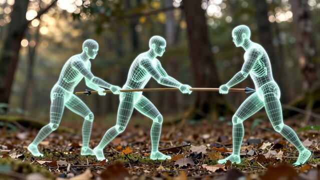 Three glowing wireframe figures pull a stick in autumn forest.