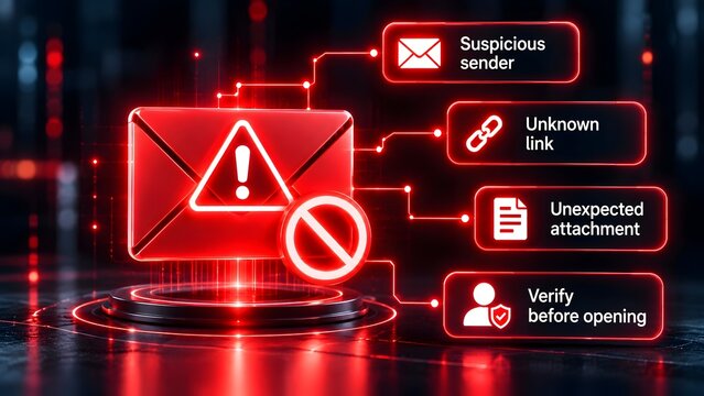 Glowing red suspicious email envelope with warning signs and text callouts explaining phishing tactics like unknown links and unexpected attachments.