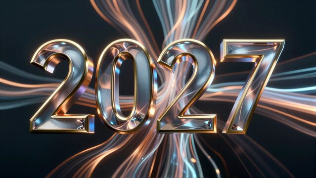 Shining 2027 numbers with flowing light trails against a dark background.