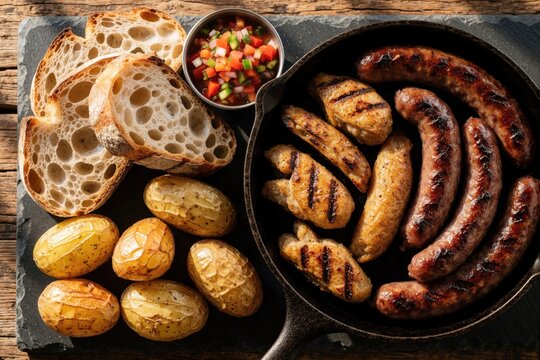 Top view of traditional asado criollo meal on slate board. Grilled chorizos, pork sausages, sweetbreads, roasted potatoes, crusty bread served with fresh salsa. Delicious meat barbecue feast prepared