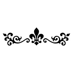 Vintage fleur de lis divider with elegant swirling flourishes, horizontal ornamental border vector silhouette isolated on white background  © pungky