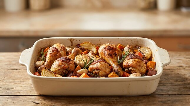 Roasted chicken with vegetables in a ceramic baking dish on a wooden kitchen table. easy oven chicken