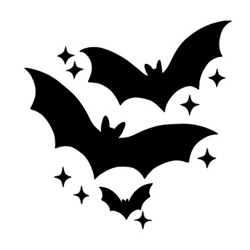 Flying black bats silhouette with magical sparkling stars, Halloween night creatures vector illustration isolated on white background