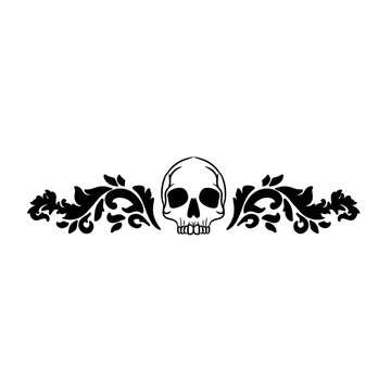 Gothic skull divider with baroque acanthus leaf flourishes, horizontal decorative ornament vector silhouette isolated on white background