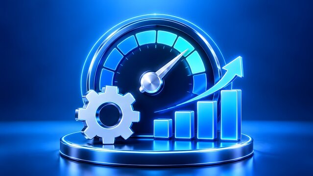 Glowing blue speedometer with gear and upward bar chart symbolizing business performance, growth, and efficiency optimization concept