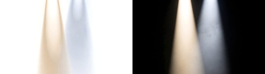 Fototapeta premium Warm golden and cool blue spotlight beams falling side by side through soft haze for dramatic scenes in PNG, Transparent and Black Background Versions