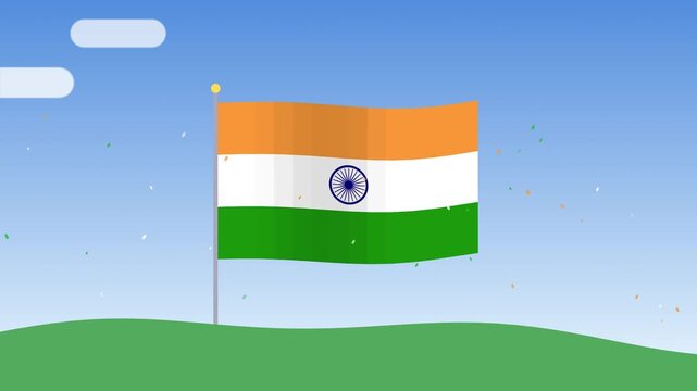 Animated flag of India waving on pole with confetti against blue sky background for national day design