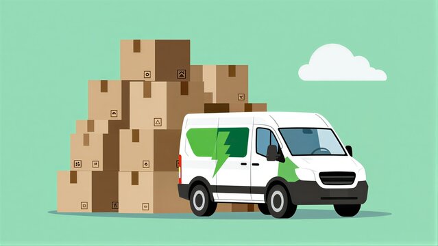 Green van delivers packages next to stacked boxes under a light blue sky.