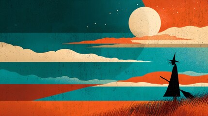 Naklejka premium Retro textured illustration of a witch silhouette in a pointed hat and broom standing in tall grass beneath a moon, teal and orange landscape, spooky Halloween