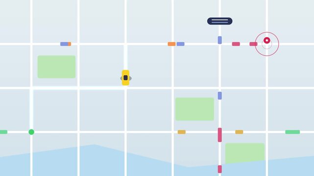 Animated taxi driving on grid map digital route navigation system showing destination marker in flat style