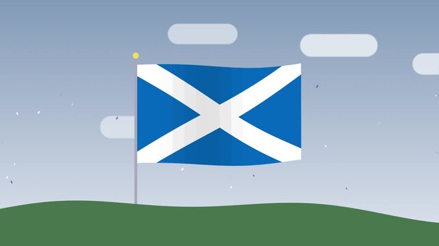 Animation of scottish flag unfolding and waving against blue sky background in simple flat graphic vector style