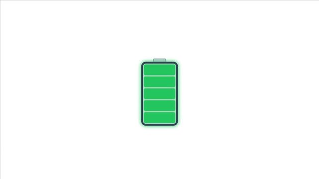 Battery Charge and Discharge Animation with Five-Bar Power Indicator on White Background, Empty to Full Battery Level, Charging Status, Battery Charging and Draining Animation
