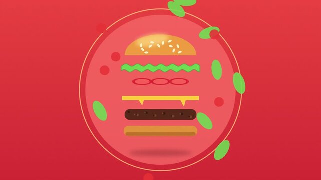 Animated vector burger with separated layers rotating and coming together on dynamic vibrant red background