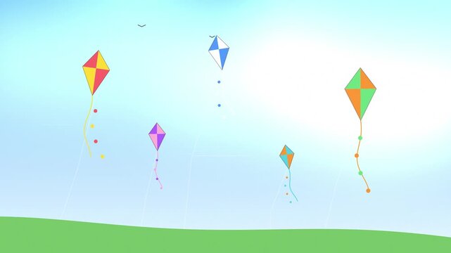 Colorful cartoon kites flying above green hill on bright sunny day with birds in sky flat motion background