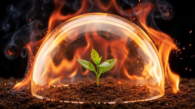 A glowing golden glass dome perfectly protecting a fragile green sapling from a raging dark fire, symbolizing Fire Safety and risk management.