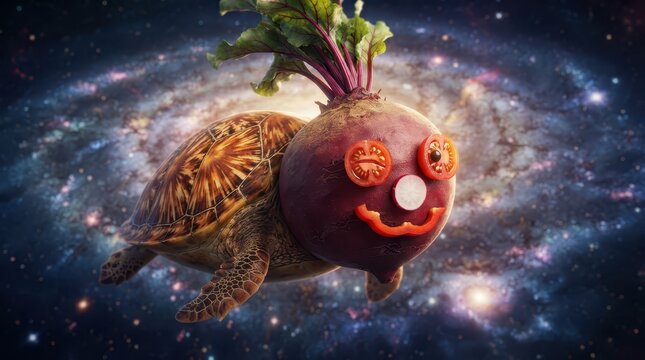 Hyper fantastical creative food art hybrid character portrait with cosmic space backdrop.
