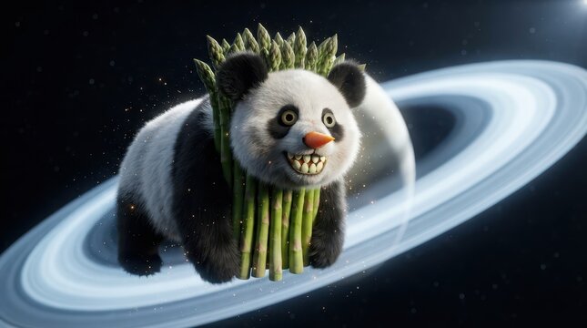 Hyper fantastical creative food art hybrid character portrait featuring a whimsical panda with exaggerated green broccoli mustache.