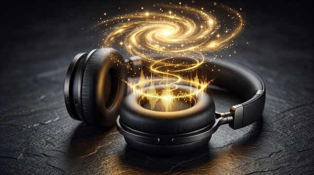 Dark premium headphones projecting glowing golden soundwaves that form a galaxy, a visual metaphor for Audiobook Appreciation Month and immersive learning.
