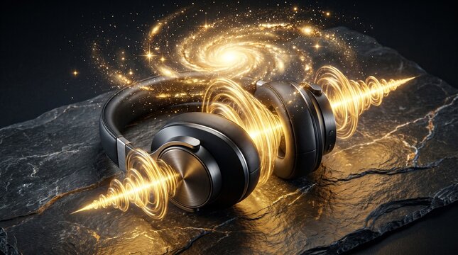 Dark premium headphones projecting glowing golden soundwaves that form a galaxy, a visual metaphor for Audiobook Appreciation Month and immersive learning.
