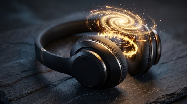 Dark premium headphones projecting glowing golden soundwaves that form a galaxy, a visual metaphor for Audiobook Appreciation Month and immersive learning.