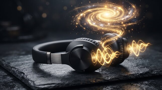 Dark premium headphones projecting glowing golden soundwaves that form a galaxy, a visual metaphor for Audiobook Appreciation Month and immersive learning.