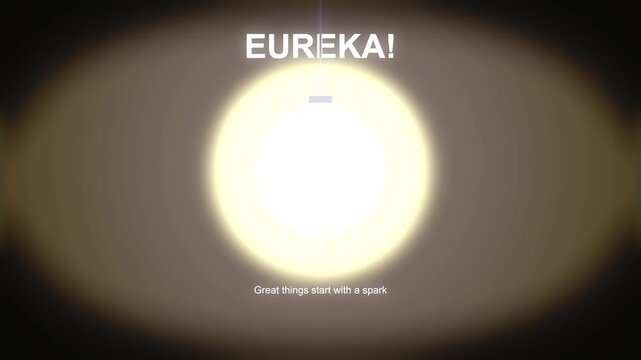 Light bulb animation turning on with eureka text over dark background symbolizing creativity and innovation