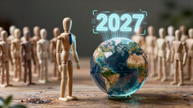 Wooden figure stands before globe marked 2027, surrounded by crowd of identical figures.