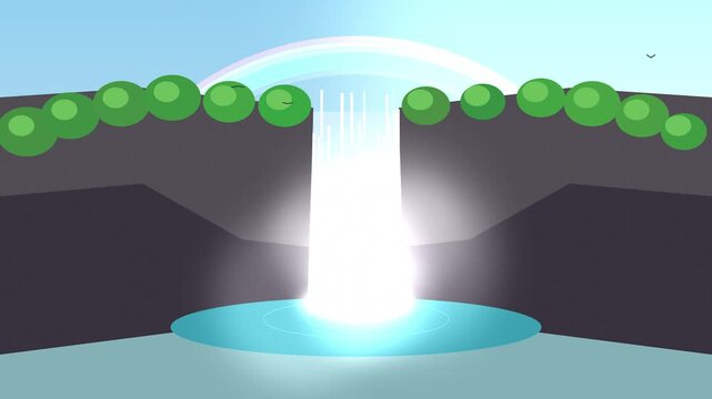 Minimalist digital animation of glowing waterfall flowing from floating islands into turquoise lake setting