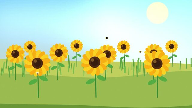 Minimalist cartoon sunflowers swaying gently in breeze while cute bees fly around on bright sunny day backdrop