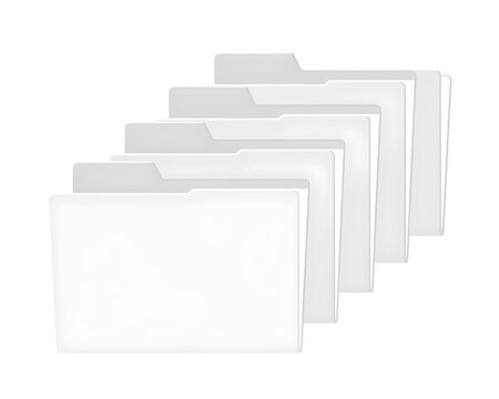 A stack of five blank white office file folders arranged in a row isolated on white background