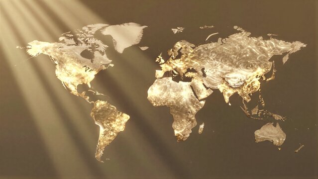 Golden world map glows under radiant light beams against a dark background.