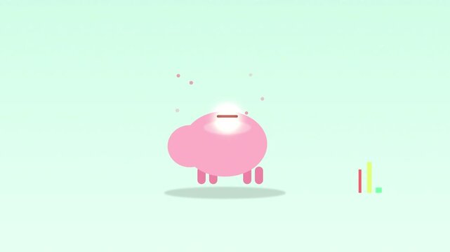 Piggy bank animation with coins dropping and bar graph growing on pastel green background in flat vector style