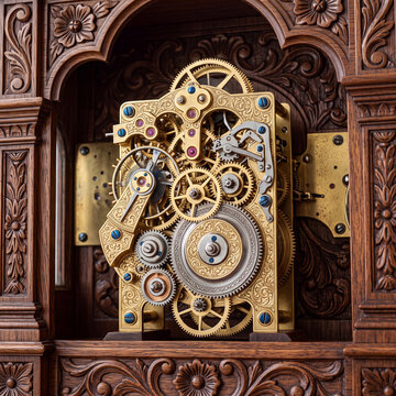 Antique brass clock mechanism with intricate gears, vintage clockwork on transparent background isolated on white