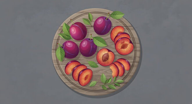 Fresh whole and sliced plums on a wooden cutting board