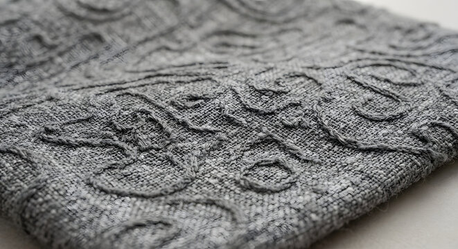 Macro close up of a gray textured fabric with embroidered patterns