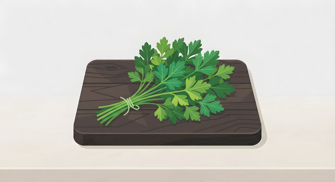 Fresh bunch of parsley on a wooden cutting board
