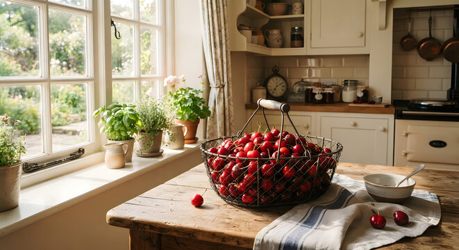 Fresh cherries in a wire basket on a rustic kitchen table