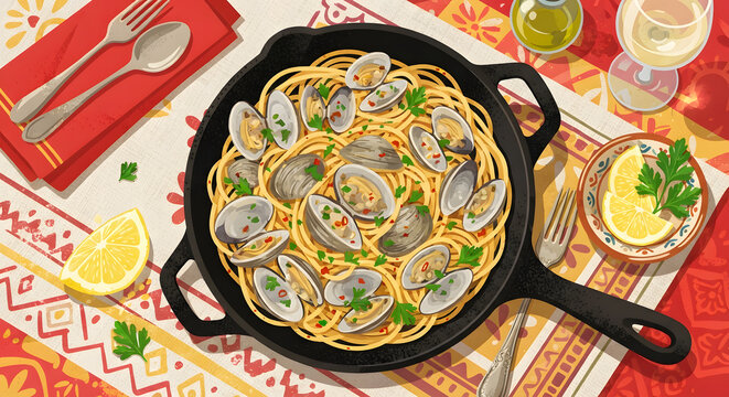 A rustic skillet of spaghetti alle vongole with lemon and white wine