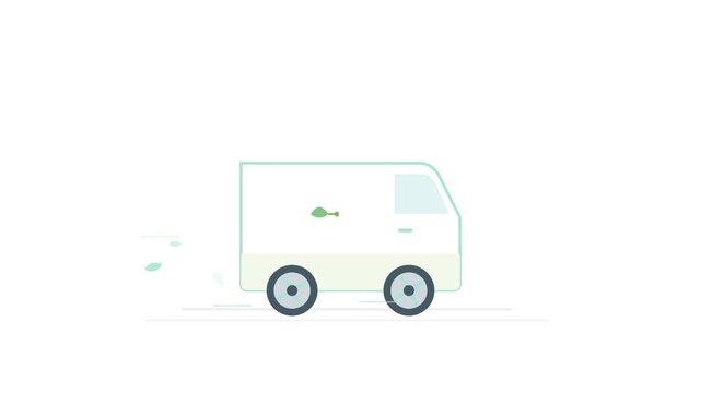 Animated vector electric delivery van motion graphic with leaf plug icon and eco friendly leaves