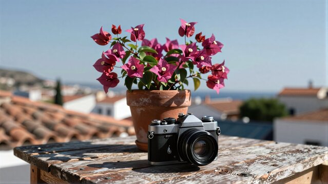 Vintage camera beside vibrant flowers on a sunlit rooftop table.