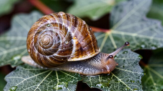 A snail with a brown spiral shell rests on a dewy green leaf.