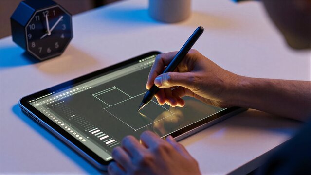 Hand draws on tablet, clock in background. Modern tech workspace scene.